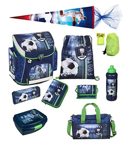 Fußball Schulranzen Set 10tlg. Sporttasche, Schultüte 85cm, Federmappe, Regen/Sicherheitshülle gelb Scooli FCPR8251